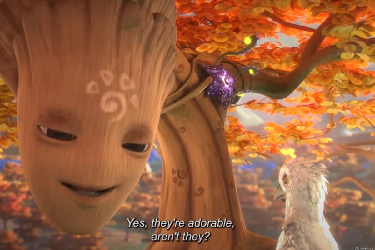 A screen grab from an animated film about a giant tree Ficusia in an enchanting forest. 