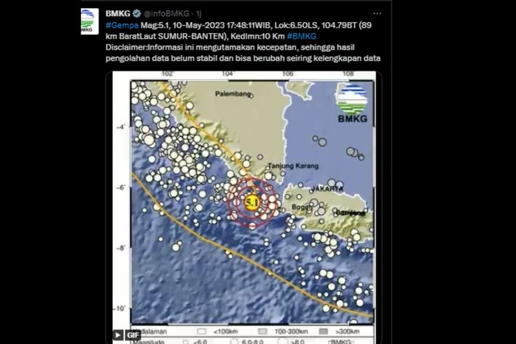 Wilayah Sumur, Banten kembali diguncang gempa pada Rabu (10/5/2023) petang. Gempa terbaru memiliki kekuatan magnitudo 5,1.