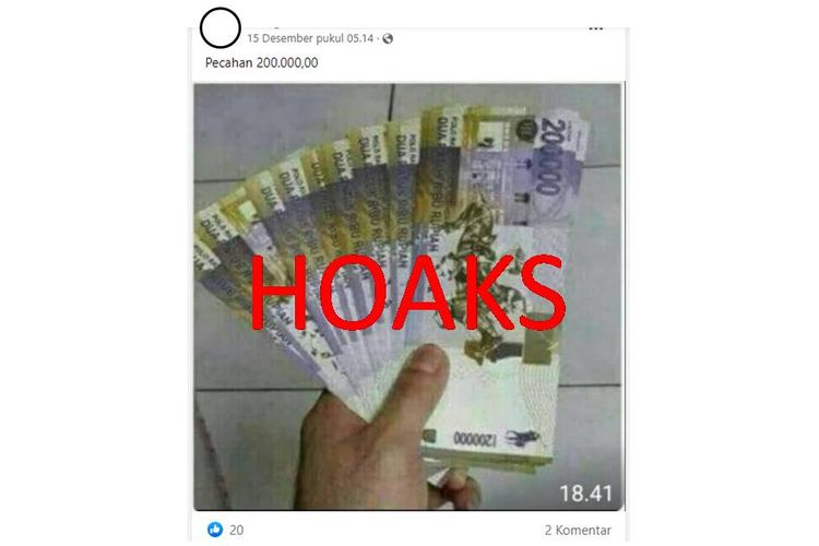 Tangkapan layar unggahan Facebook tentang hoaks uang Rp 200.000