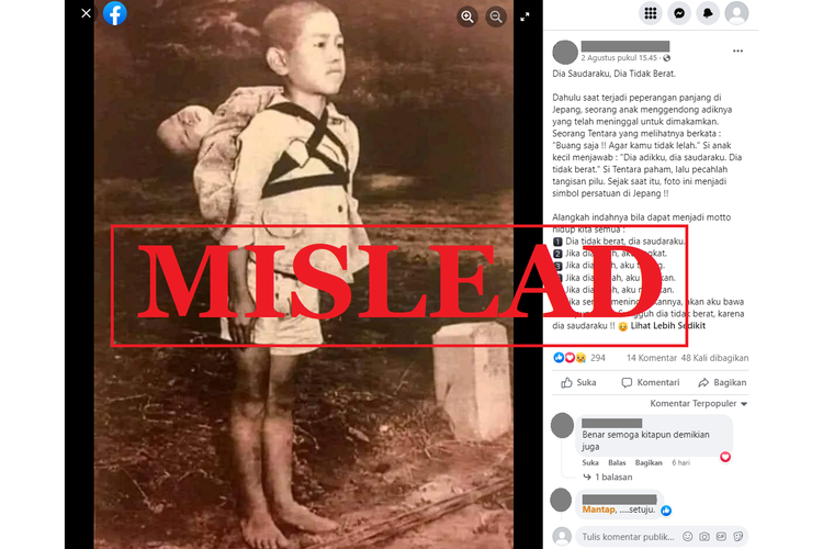 Tangkapan layar unggahan dengan narasi menyesatkan di sebuah akun Facebook, Selasa (2/8/2022), mengenai foto anak laki-laki Jepang yang menggendong mayat adiknya yang menjadi korban Perang Dunia II.
