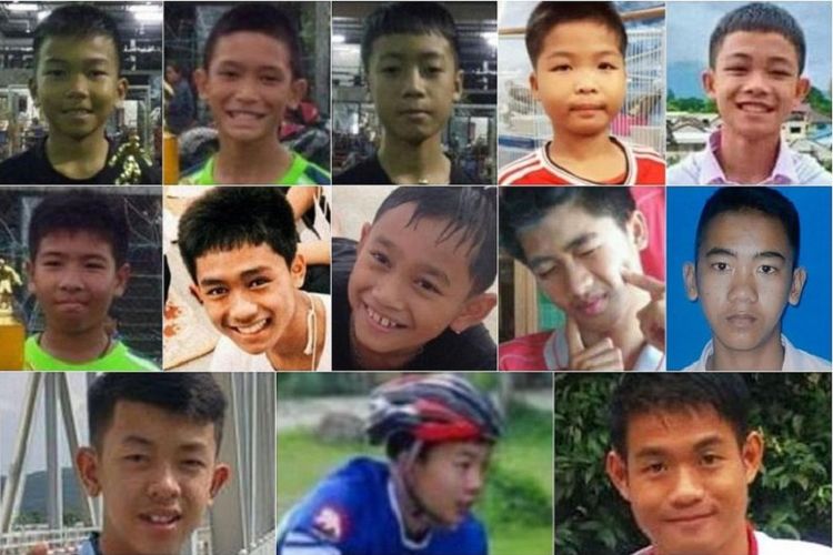 Inilah foto 12 remaja anggota tim sepak bola Mu Pa (Wild Boar) dan pelatih mereka Ekapol Chanthawong (kanan, paling bawah) yang terperangkap di Goa Tham Luang, Thailand, sejak 23 Juni, dan berhasil keluar semuanya Selasa (10/7/2018).