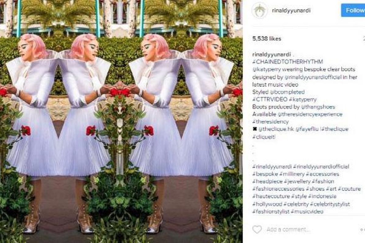 Katy Perry mengenakan boots rancangan desainer asaal Indonesia, Rinaldy Yunardi, untuk keperluan klip video Chained to the Rhytm.