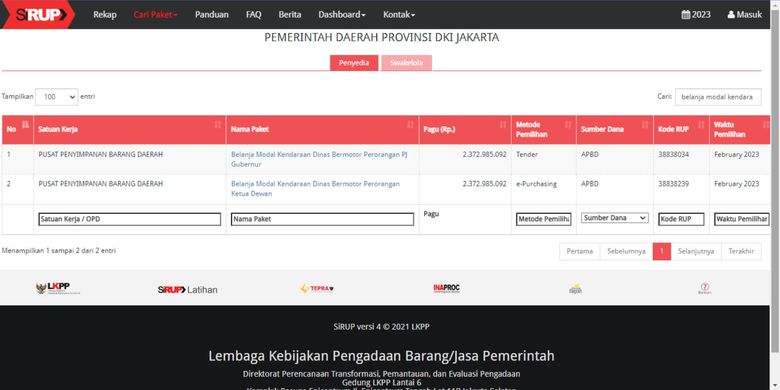 Laman Sirup LKPP menunjukkan pengadaan mobil Jeep untuk Pj Gubernur DKI Jakarta dan Ketua DPRD DKI Jakarta. Pengadaan diunggah pada Rabu (1/3/2023).