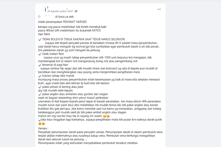 Di media sosial, sejumlah akun membagikan informasi bahwa ibu tak boleh menekuk kakinya sebelum 40 hari setelah melahirkan karena bisa menyebabkan varises. Informasi ini tidak benar.