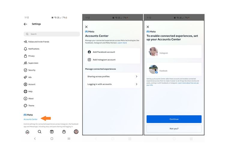 Ilustrasi fitur Account Center Meta di aplikasi Instagram