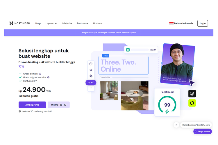 Tangkapan tampilan halaman utama hostinger.com yang menggantikan situs niagahoster.co.id. 