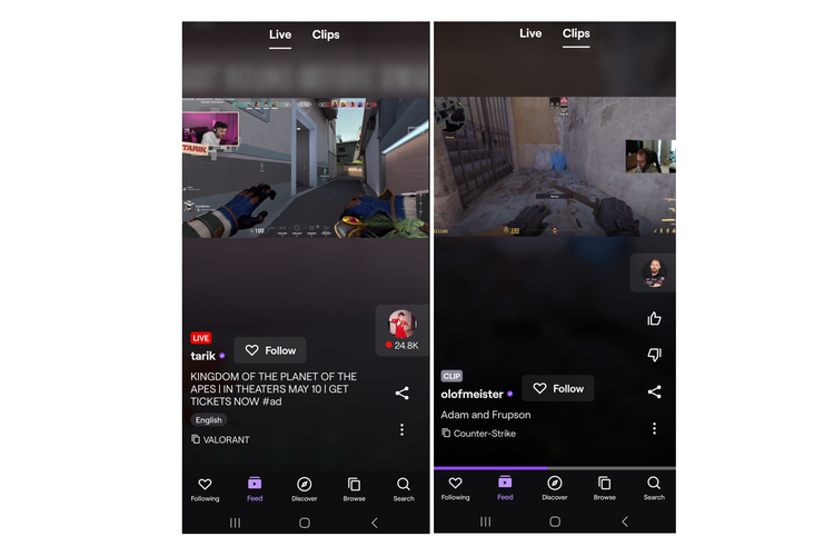 Tampilan Discovery Feed di aplikasi Twitch di iOS dan Android. Menu Live (kiri) menunjukkan live streaming streamer yang diikuti atau streamer yang direkomendasikan Twitch, menu Clips (kanan) menunjukkan video pendek dari berbagai streamer Twitch.