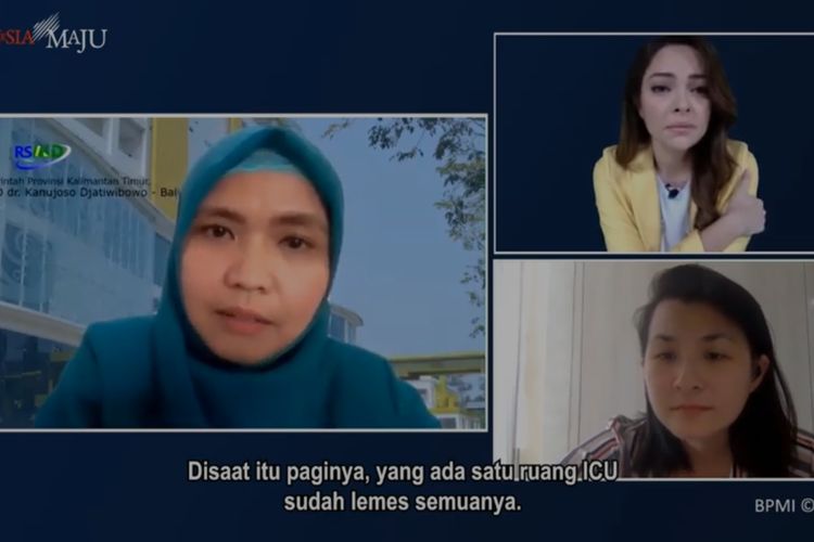 Juru Bicara Satgas Penanganan Covid-19 Dr Reisa Broto Asmoro berbincang-bincang secara virtual dengan Dr. Debbryna dan perawat Rustina Susanti, yang ditayangkan di YouTube Sekretariat Presiden, Jumat (2/10/2020),  