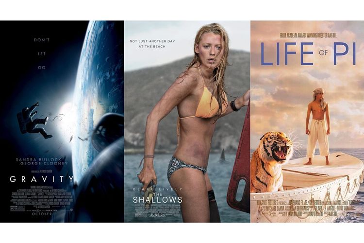 Poster film Gravity (Gravity (2013), The Shallows (2016), dan Life of Pi (2012).