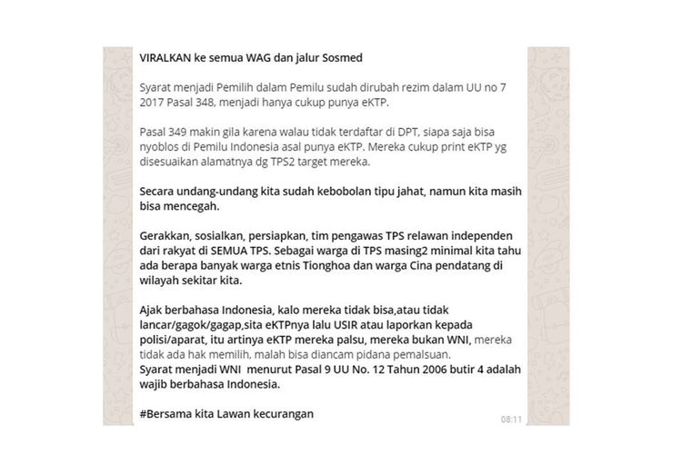 Pesan berantai yang menyebar di grup WA menjelang pemungutan suara Pilkada Serentak. Ada informasi yang harus Anda ketahui kebenarannya.