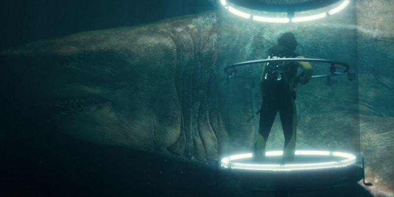 Salah satu adegan dalam film The Meg, Seekor hiu raksasa melintasi kandang pelindung hiu.