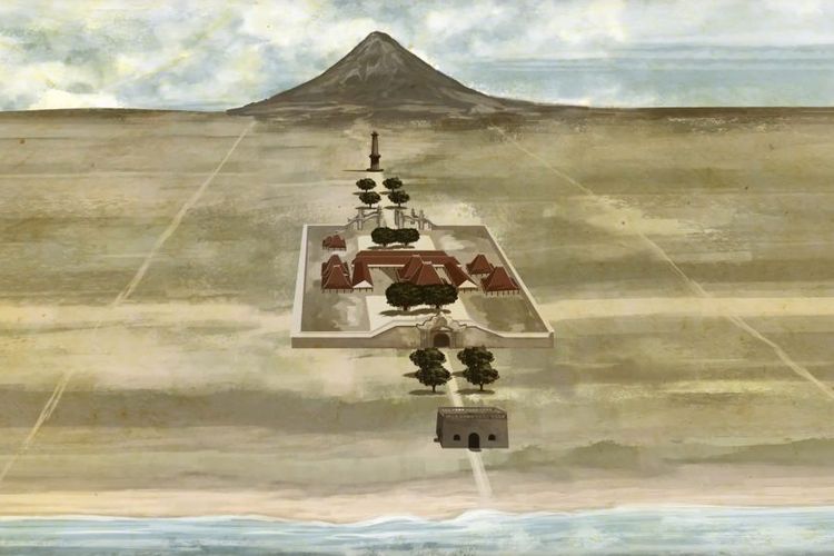 Ilustrasi garis imajiner dan Sumbu Filosofi Yogyakarta yang ditarik dari Laut Selatan, Keraton Yogyakarta, dan Gunung Merapi sebagai poros.