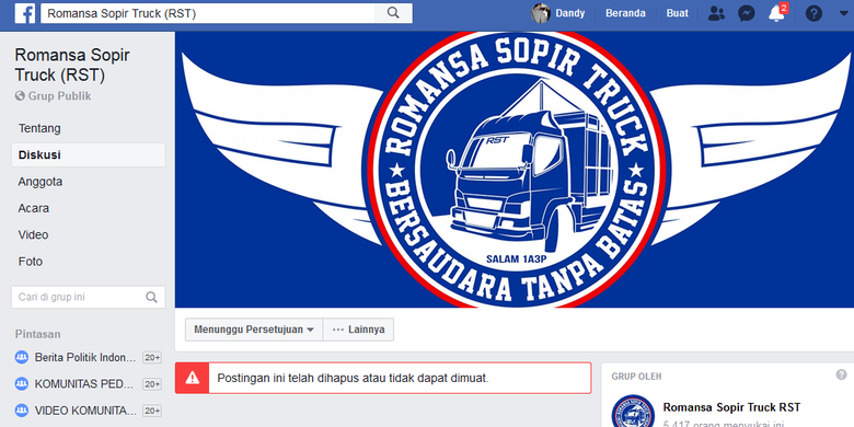 Tangkapan layar halaman awal grup Facebook Romansa Sopir Truk.