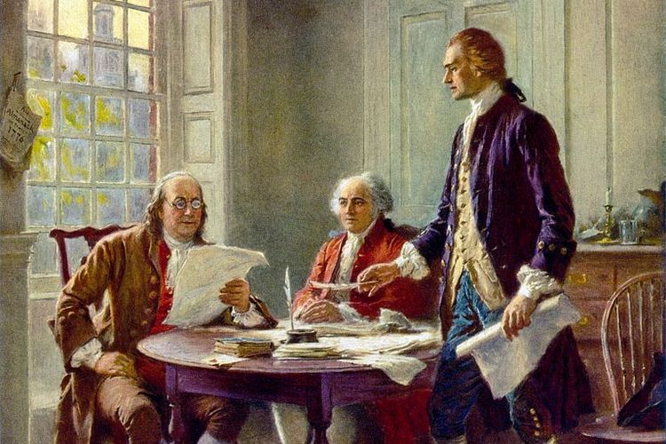 Ilustrasi penyusunan Deklarasi Kemerdekaan Amerika Serikat oleh Franklin, Adams, dan Thomas Jefferson pada 1776.