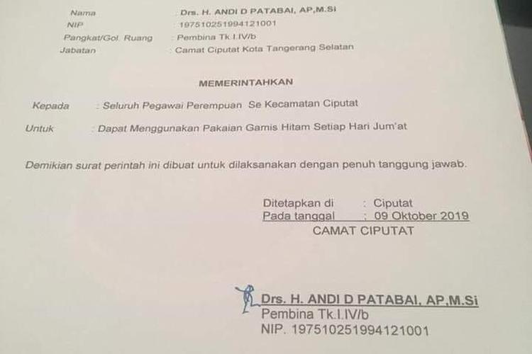 Surat Perintah dari Camat Ciputat tentang pemakaian gamis hitam yang terklarifikasi sebagai hoaks