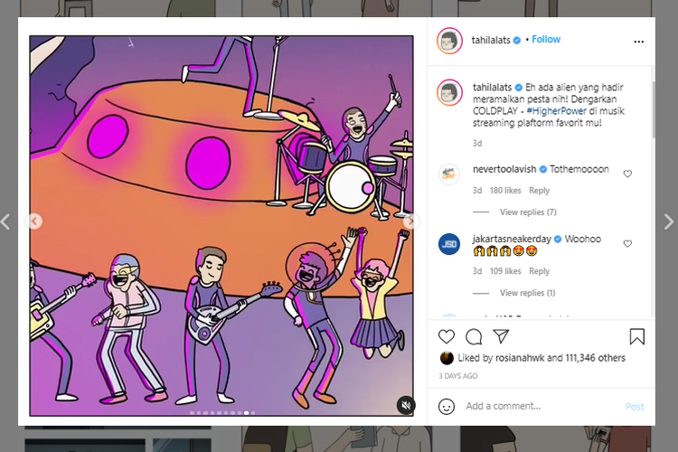 Perupa Indonesia, Nurfadli, penggagas komik strip @tahilalats, berkolaborasi dengan Coldplay untuk single terbaru Coldplay Higher Power.