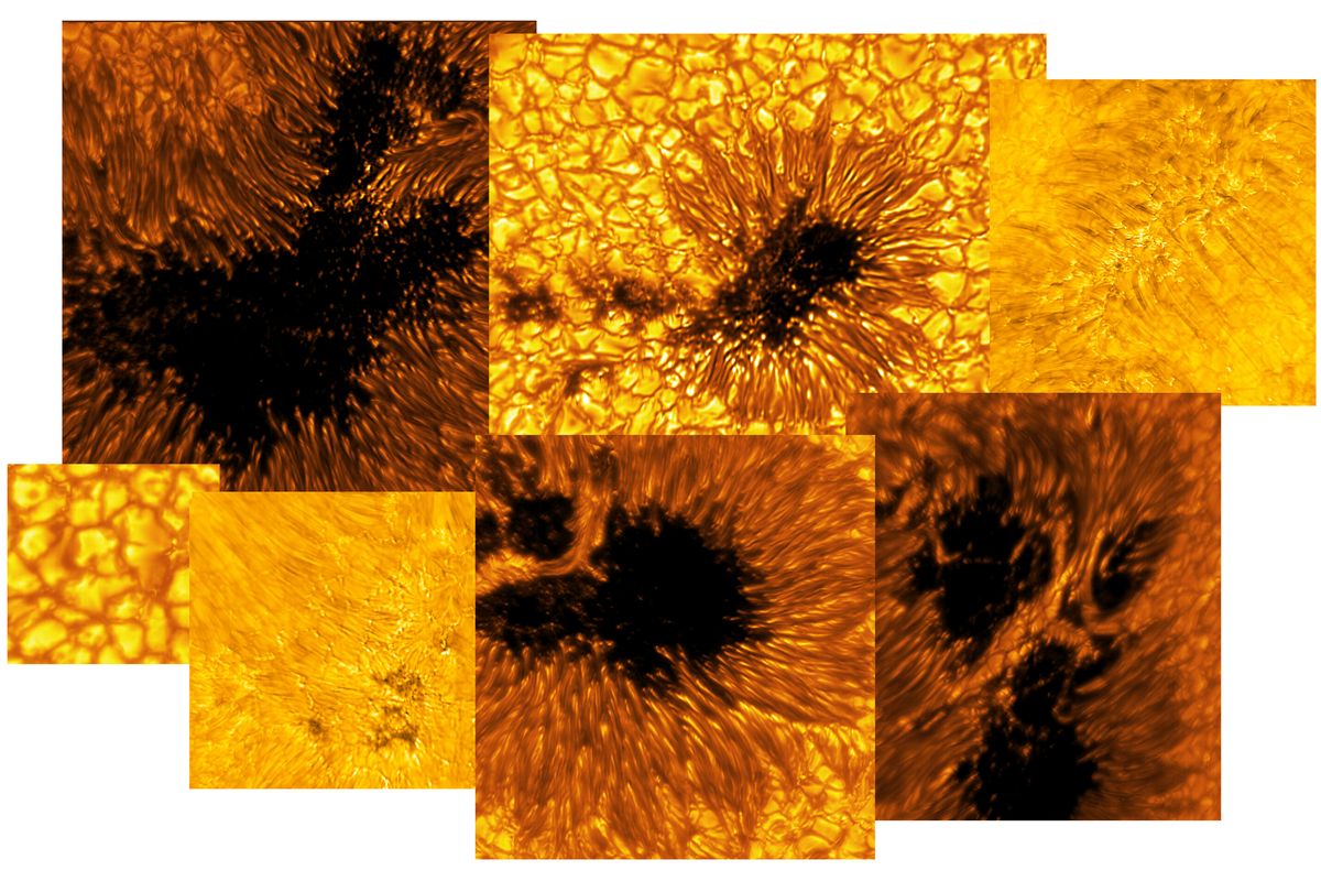 Mosaik gambar matahari baru yang dihasilkan oleh Inouye Solar Telescope. Kumpulan gambar termasuk bintik matahari dan fitur matahari yang tenang. 