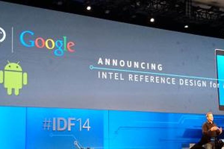 Doug Fisher, Vice President General Manager, Software and Services Group, Intel memperkenalkan program referensi tablet Android di IDF2014, Selasa (9/9/2014), San Francisco, AS.