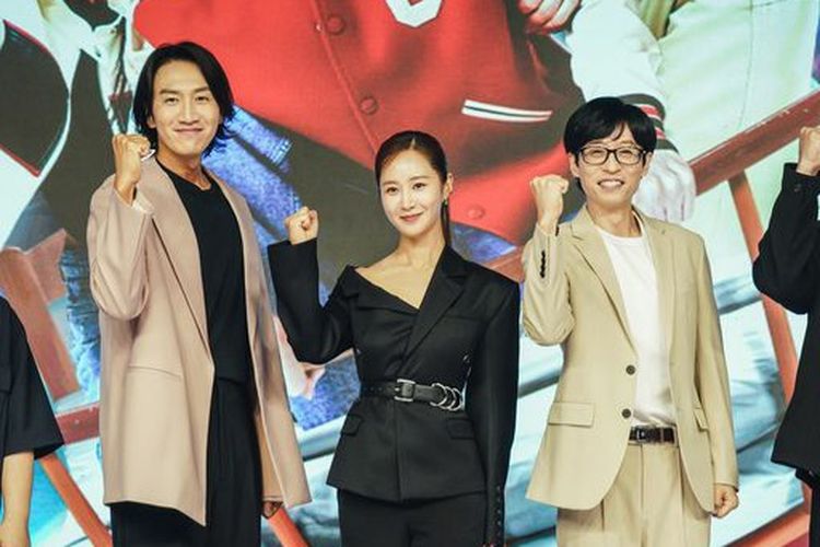 Cast variety show The Zone: Survival Mission 2 (ki-ka): Lee Kwang Soo, Yuri SNSD, dan Yoo Jae Suk saat konferensi pers virtual di Korea Selatan, Selasa (13/6/2023).