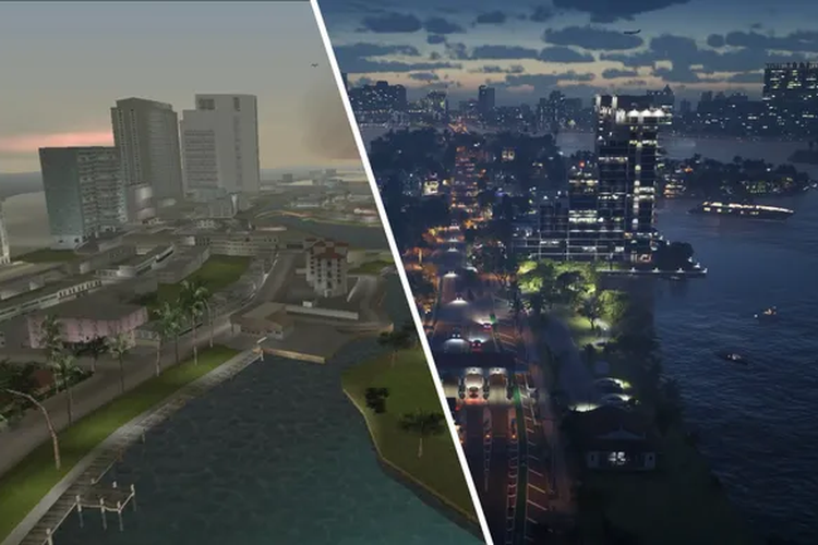 Perbandingan Starfish Island di GTA: Vice City (kiri) dan GTA 6 (kanan)