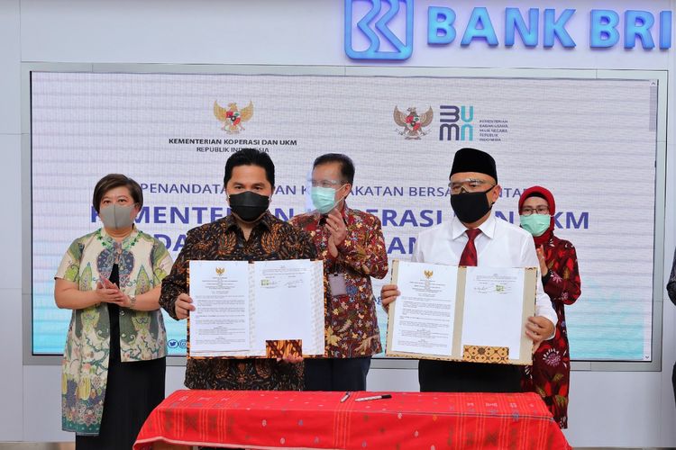 Penandatangan MoU yang diselenggarakan oleh Menteri Koperasi dan UKM (Menkop UKM) Teten Masduki dan Menteri BUMN Erick Tohir secara virtual, Jumat (14/8/2020).