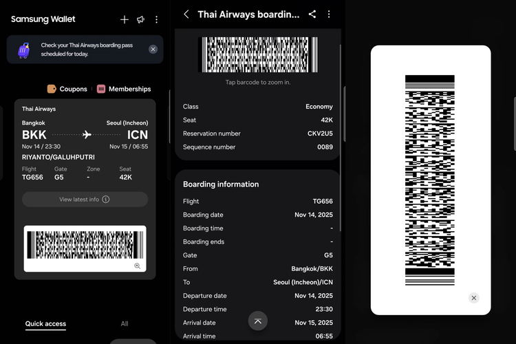 Dalam hitungan detik, boarding pass digital langsung tersimpan rapi di satu tempat, tak lain di Samsung Wallet. Di sana, semua informasi penerbangan penting juga terekam jelas. Mulai dari nama lengkap penumpang, informasi penerbangan (gate, terminal, jam berangkat, nama maskapai, nomor penerbangan, dll).
