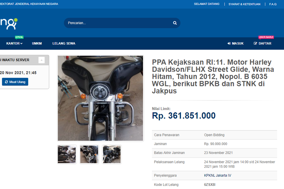 Tangkapan layar laman lelang Harley-Davidson Street Glide yang akan diselenggarakan pemerintah di situs lelang.go.id