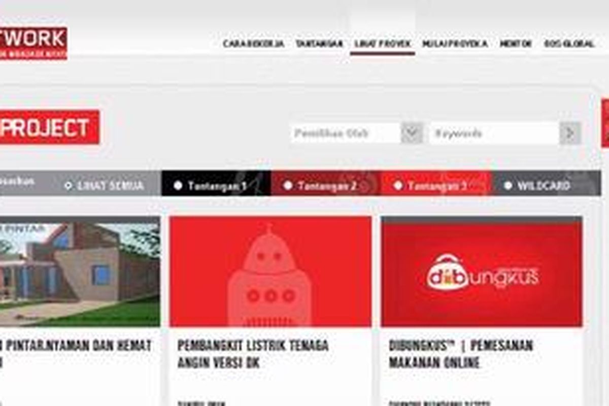Tampilan situs Do Network Lenovo menunjukkan beberapa proyek yang telah diajukan. 