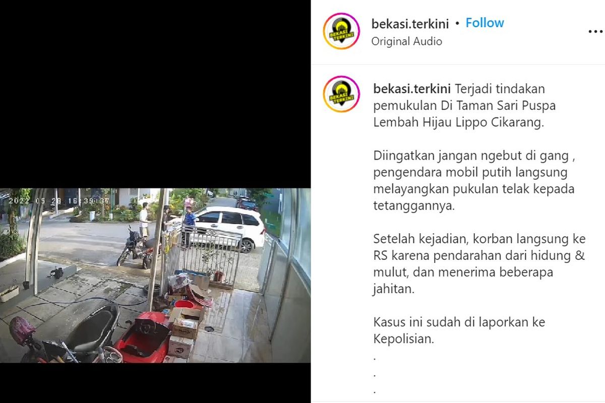 Video yang memperlihatkan seorang pria pengendara mobil memukul seorang warga di Perumahan Taman Sari Puspa, Cikarang Selatan, Kabupaten Bekasi.