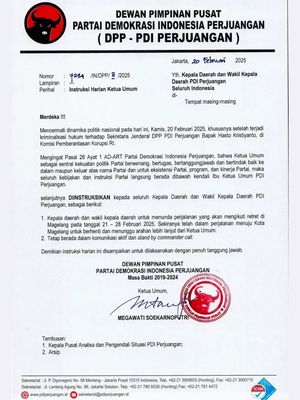 Tangkapan layar surat instruksi Ketua Umum PDI-P Megawati Soekarnoputri usai Sekretaris Jenderal PDI-P Hasto Kristiyanto ditahan KPK.