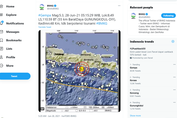 Informasi gempa yang dibagikan akun Twitter BMKG, gempa terjadi di Gunungkidul, Yogyakarta, dengan kekuatan M 5,3.