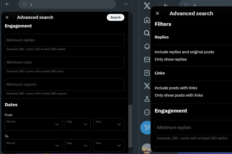 Tangkapan layar fitur advance search di Twitter atau X, dengan pencarian keterlibatan, tanggal, dan filter.