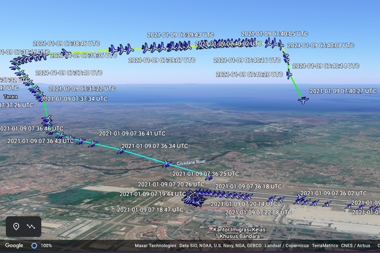 Rute penerbangan SJ182 yang ditampilkan secara 3D di Google Earth.