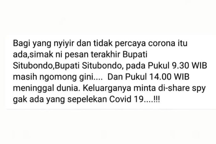 Status Facebook tidak benar mengenai pesan terakhir Bupati Situbondo sebelum meninggal dunia.