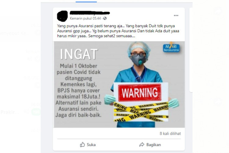 Tangkapan layar informasi yang menyebut Kemenkes tidak menanggung biaya pasien Covid-19 mulai 1 Oktober.