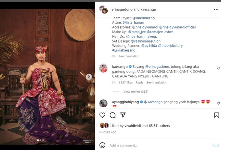 Kaesang dan Erina memamerkan foto prewedding terbarunya di akun Instagram masing-masing, Sabtu (12/11/2022)
