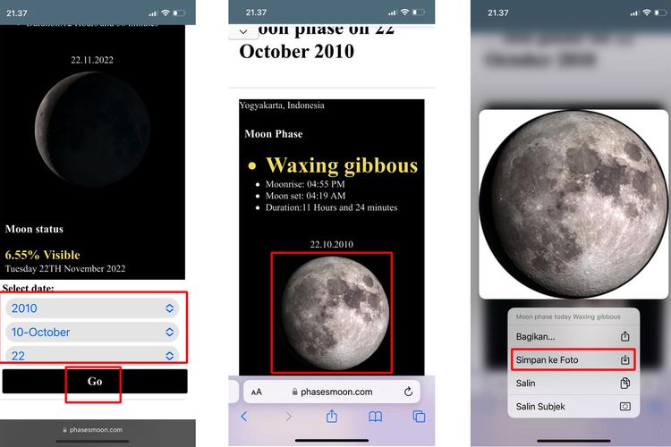 Ilustrasi cara mendapatkan gambar moon phase tanggal lahir sendiri via phasesmoon.com.