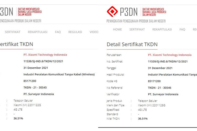 Tangkapan layar laman sertifikasi Xiaomi 12 dan Xiaomi 12 Pro di situs TKDN Kementerian Perindustrian.