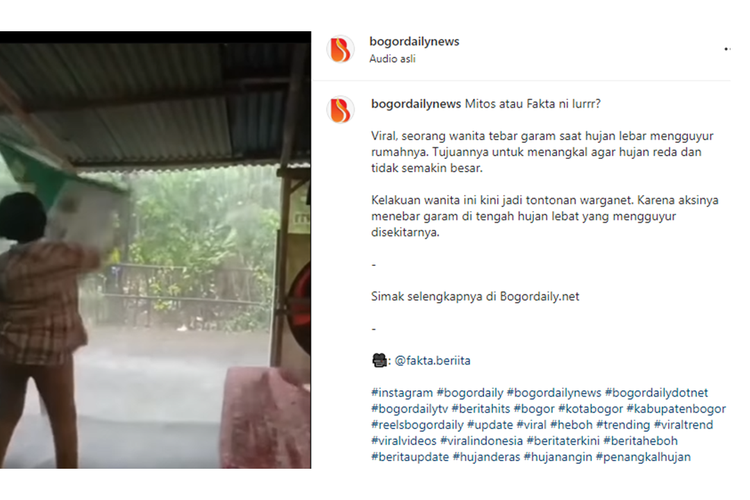 Tangkapan layar unggahan video yang memperlihatkan seorang perempuan diduga menebar garam saat hujan deras. 