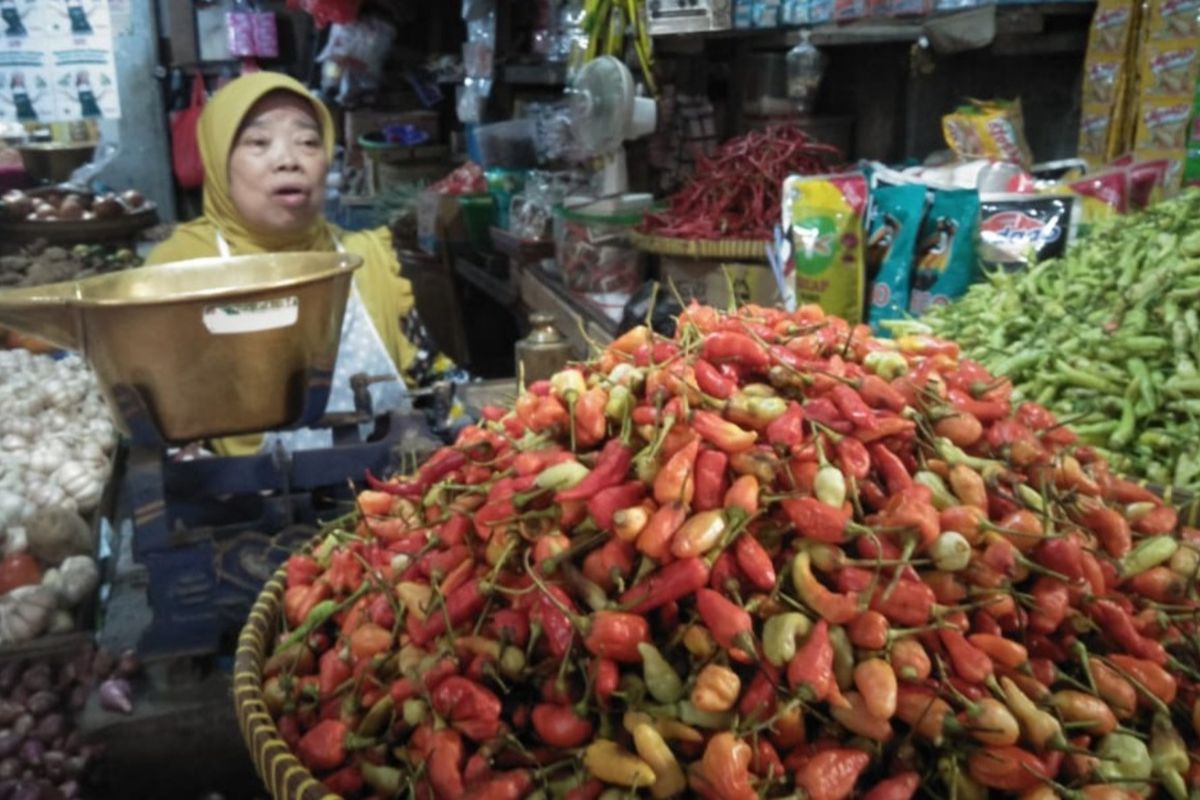 Sumirah, salah seorang pedagang cabai di pasar tradisional Kota Bojonegoro, Jawa Timur.