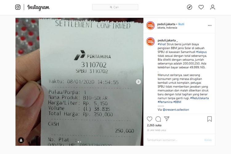 Tangkapan layar sebuah unggahan yang menampilkan sebuah struk yang tidak sesuai dengan jumlah pengisian BBM.