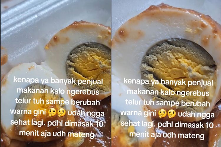 Tangkap layar video yang menyebut telur direbus terlalu lama menyebabkan warna bagian kuning telur berubah menjadi abu-abu sehingga tidak sehat [TikTok/@berkahdidapur].