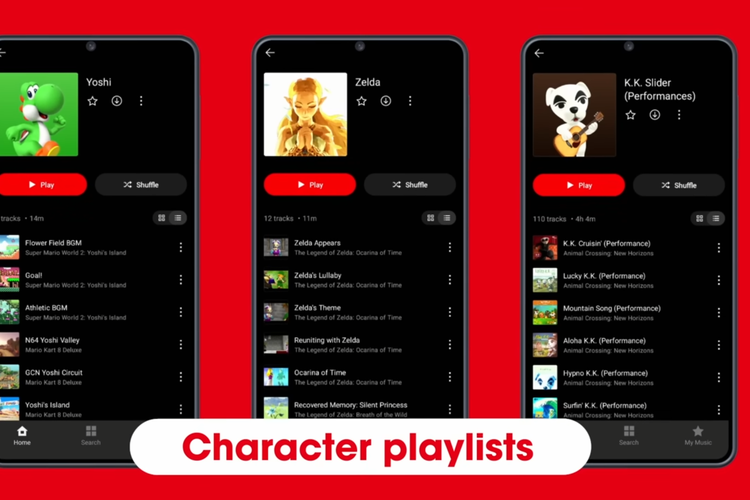 Playlist karakter di aplikasi Nintendo Music memungkinkan pengguna mendengarkan musik yang berkaitan dengan karakter tertentu, contohnya Zelda dari The Legend of Zelda.