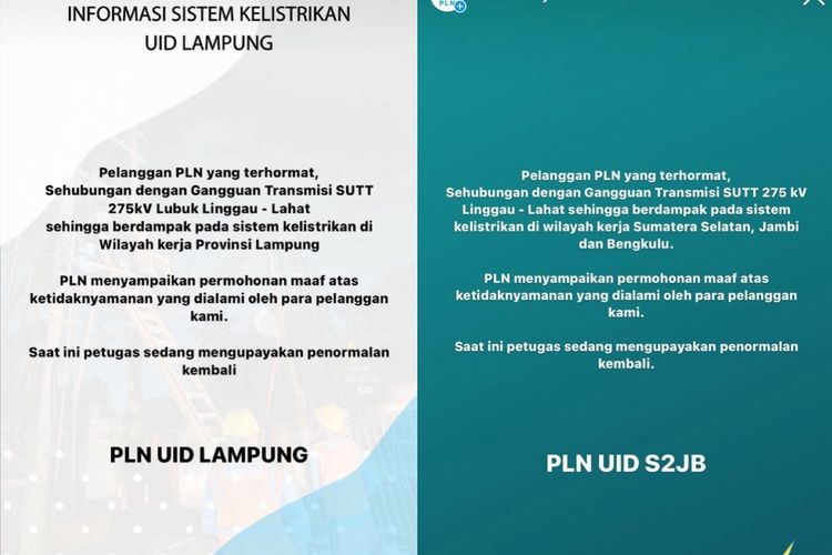 Bidik layar pengumuman gangguan kelistrikan yang diunggah akun medsos PLN UID Lampung, Selasa (4/6/2024).