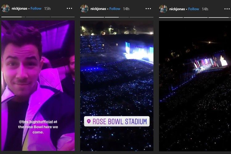 Bidik layar postingan Instagram Story Nick Jonas saat menonton konser BTS di Rose Bowl, Amerika Utara, pada 4 Mei 2019.