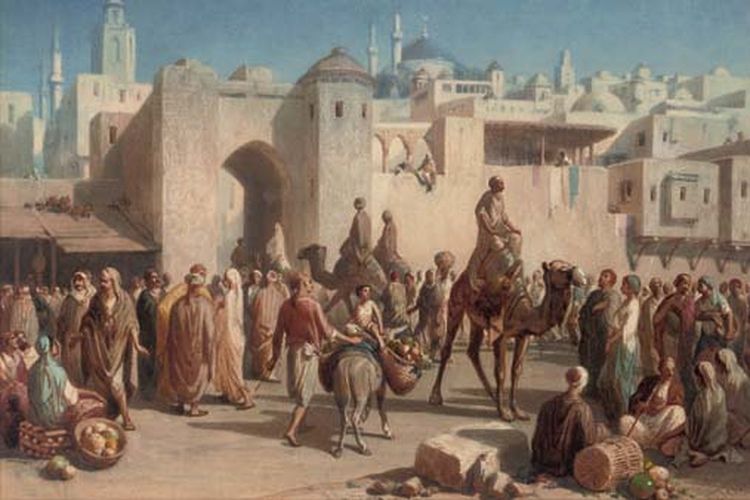 Ilustrasi kegiatan perdagangan pada masa awal perkembangan Islam.