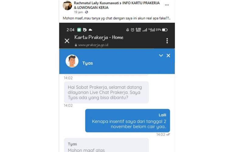 Tangkapan layar unggahan soal kebingungan salah satu warganet ketika pesannya di Live Chat Prakerja terbalaskan.