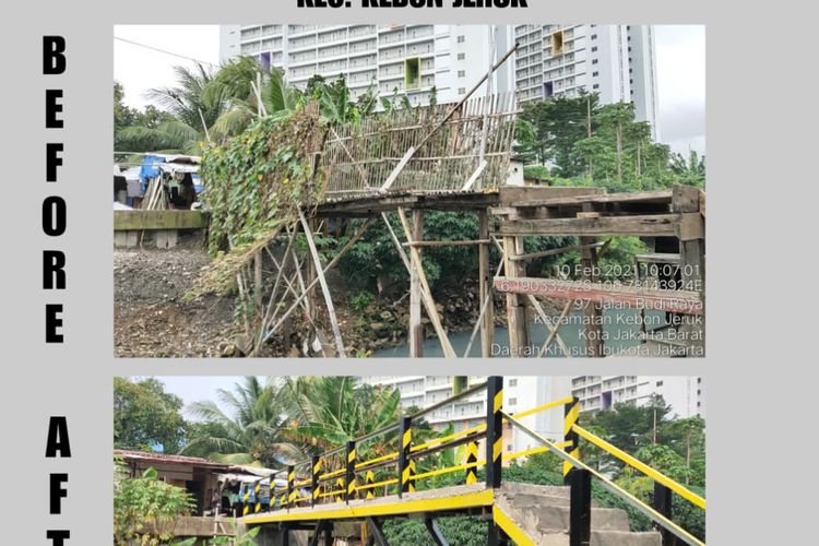 Pemerintah Kota Jakarta Barat selesai memperbaiki jembatan reyot di Jalan Swadaya yang menghubungkan Kampung Rawa Barat dan Kampung Rawa Timur, Kelurahan Kebon Jeruk, Kecamatan Kebon Jeruk, Jakarta Barat, pada Selasa (6/7/2021) 
