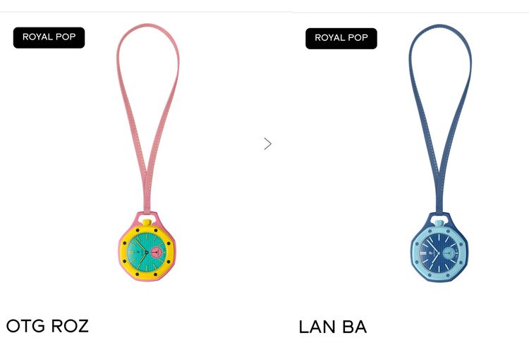 AP x Swatch Royal Pop Collection desain Savonnette varian OTG Roz (kiri) dan Lan Ba (kanan).
