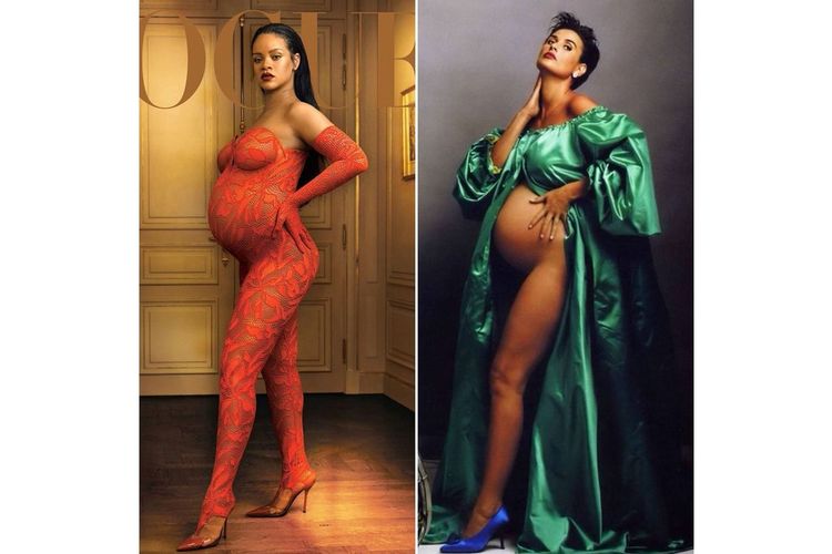 Kanan: pose baby bump Rihanna untuk Majalah Vogue (Mei, 2020). Kiri: pose baby bump Demi Moore untuk Vanity Fair (Agustus, 1991). Kedua foto dipotret oleh Annie Leibovitz.